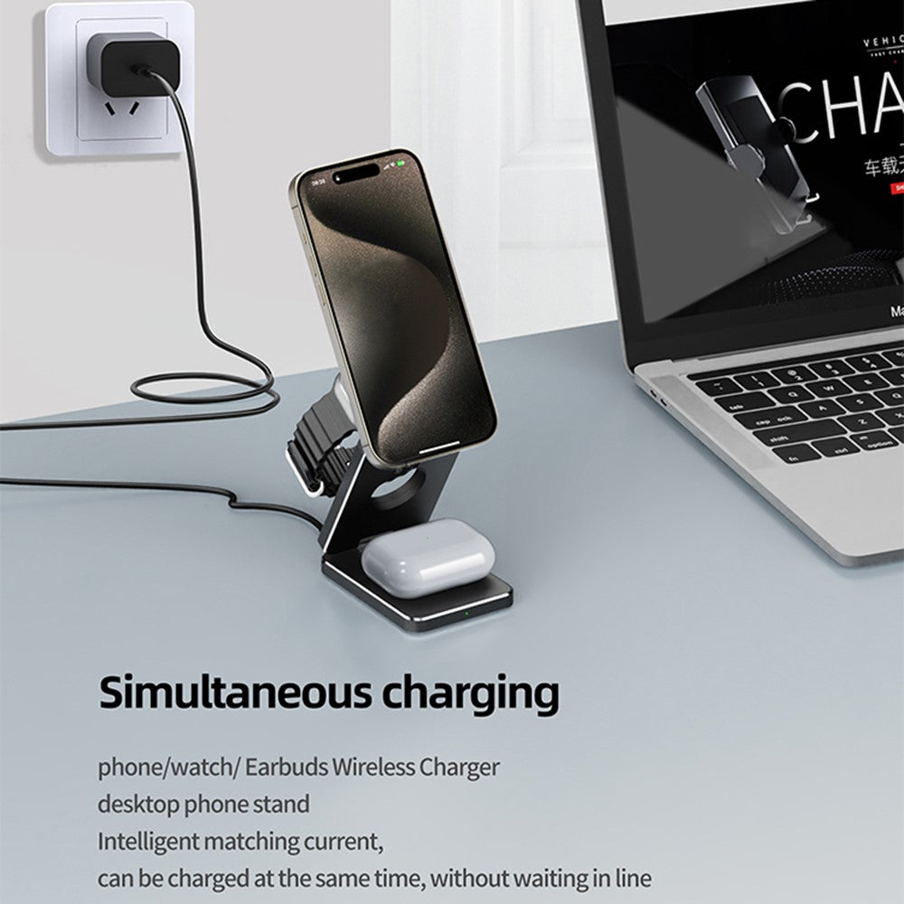 3-in-1 Foldable Aluminum Alloy Wireless Charging Stand – Sleek Premium Finish