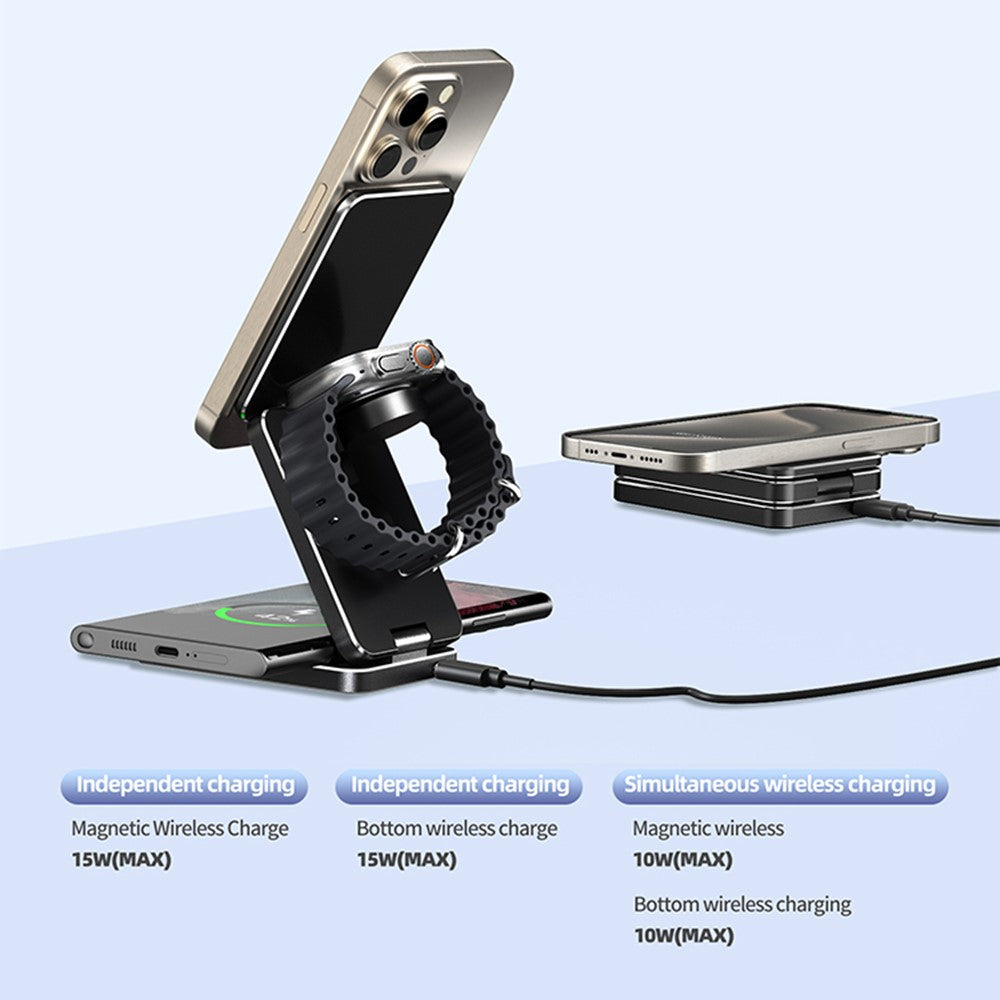 3-in-1 Foldable Aluminum Alloy Wireless Charging Stand – Sleek Premium Finish