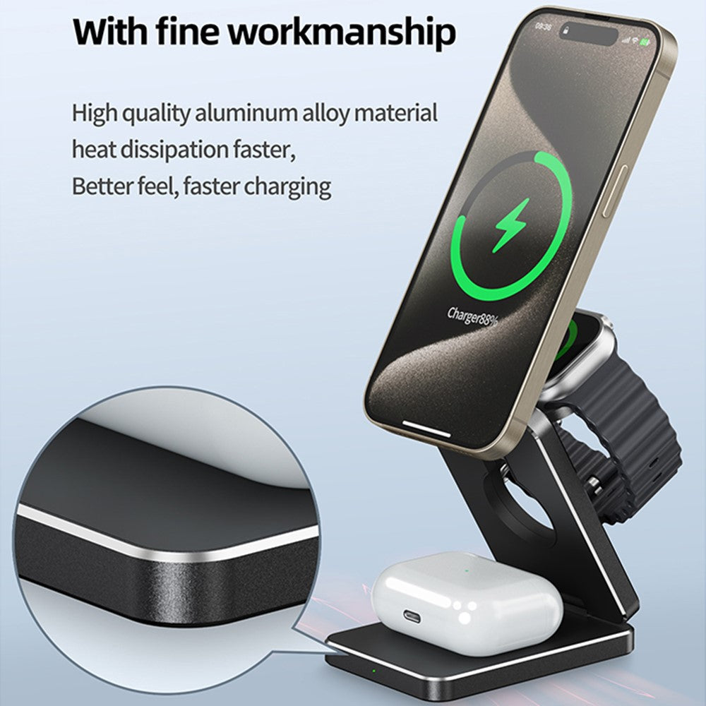 3-in-1 Foldable Aluminum Alloy Wireless Charging Stand – Sleek Premium Finish