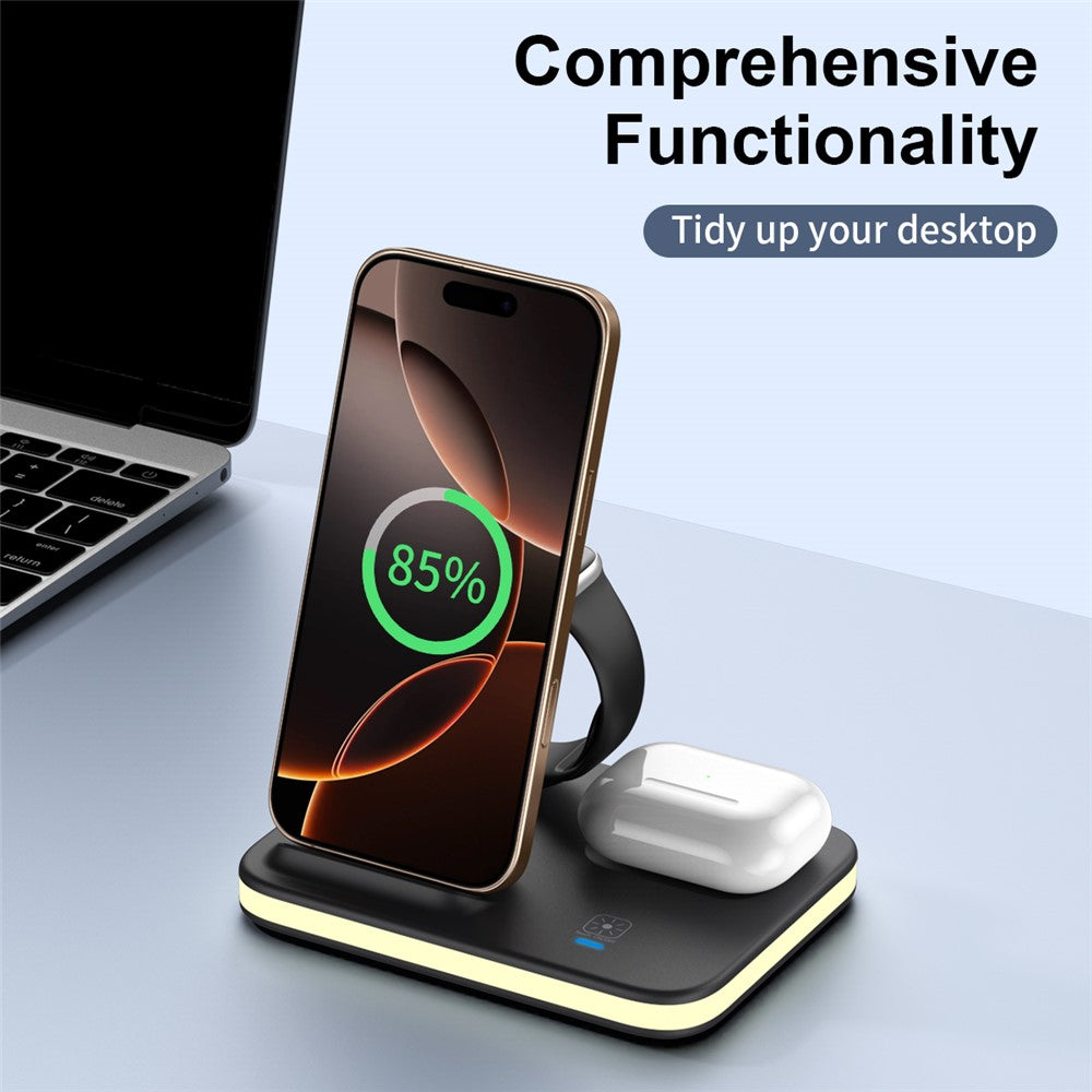 3-in-1 Foldable Wireless Charger Dock with Night Light – Phone, AirPods & Apple Watch