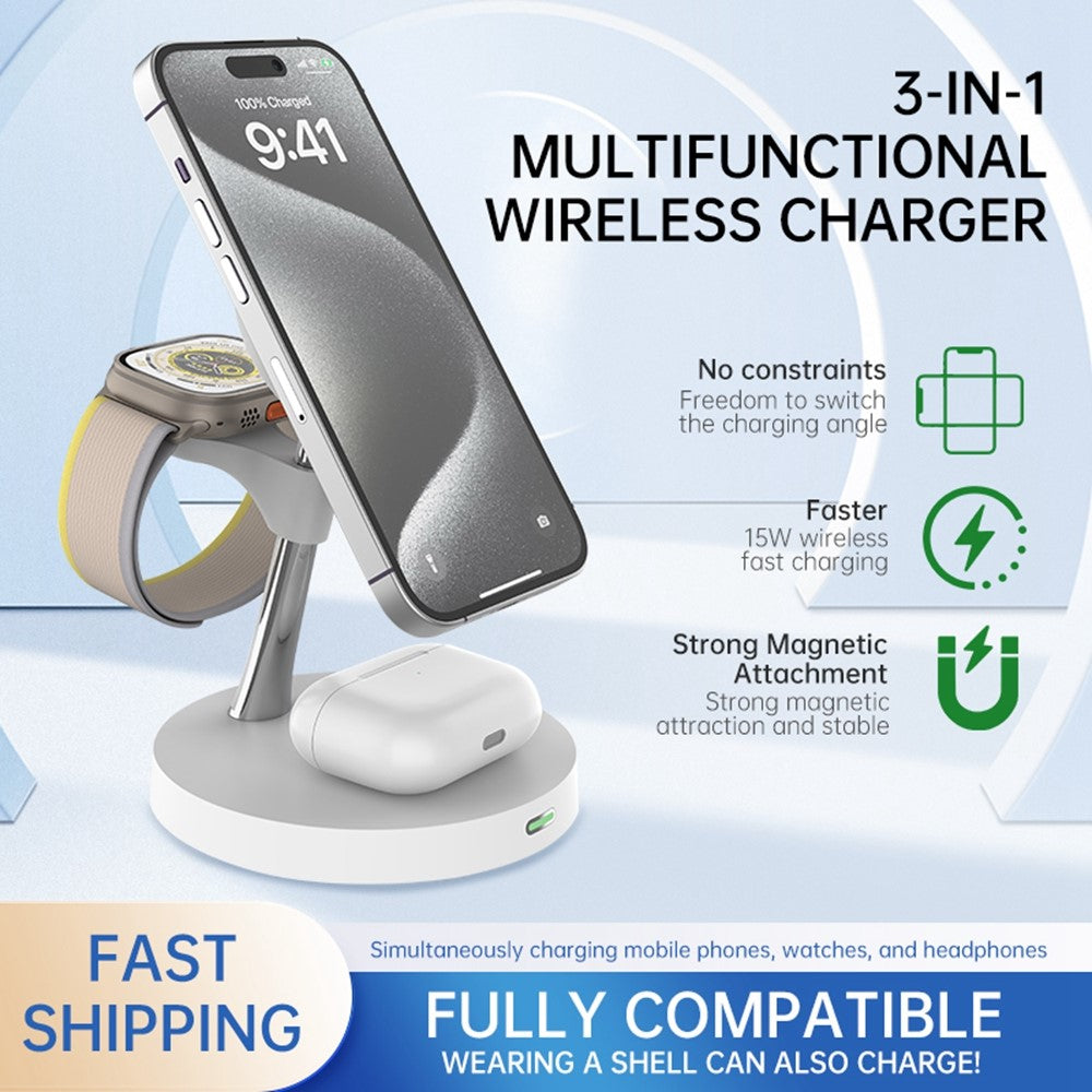 3-in-1 Magnetic Wireless Charging Station with Night Light – Phone, Watch & AirPods