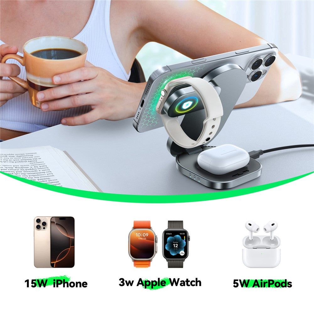 JOYROOM JR-W17 Qi2 3 in 1 Magnetic Wireless Charger for Iphone / Airpods / Apple Watch Foldable 15W Fast Charging Station