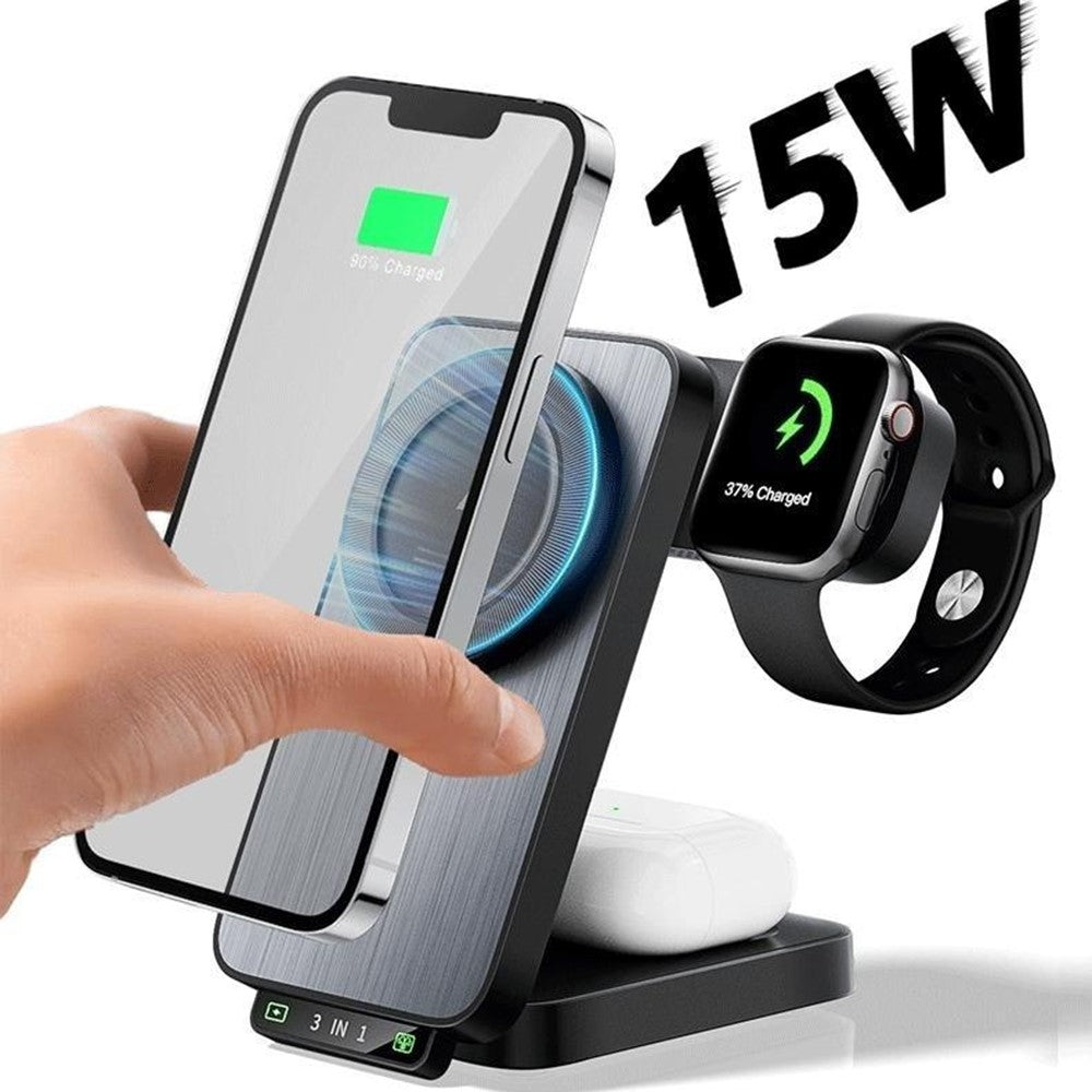 3-in-1 Foldable Magnetic Wireless Charger with Night Light – Phone, Earbuds & Watch