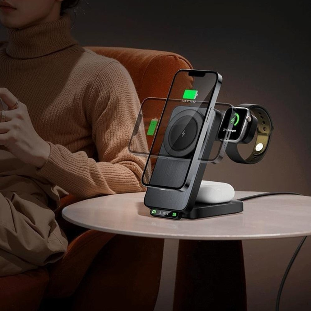 3-in-1 Foldable Magnetic Wireless Charger with Night Light – Phone, Earbuds & Watch