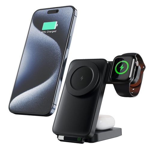 3-in-1 Foldable Magnetic Wireless Charger with Night Light – Phone, Earbuds & Watch