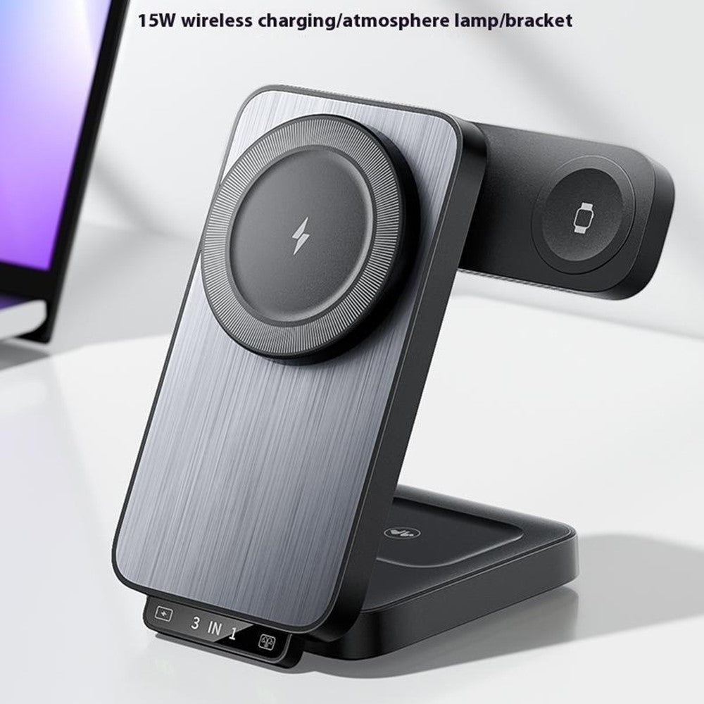 3-in-1 Foldable Magnetic Wireless Charger with Night Light – Phone, Earbuds & Watch