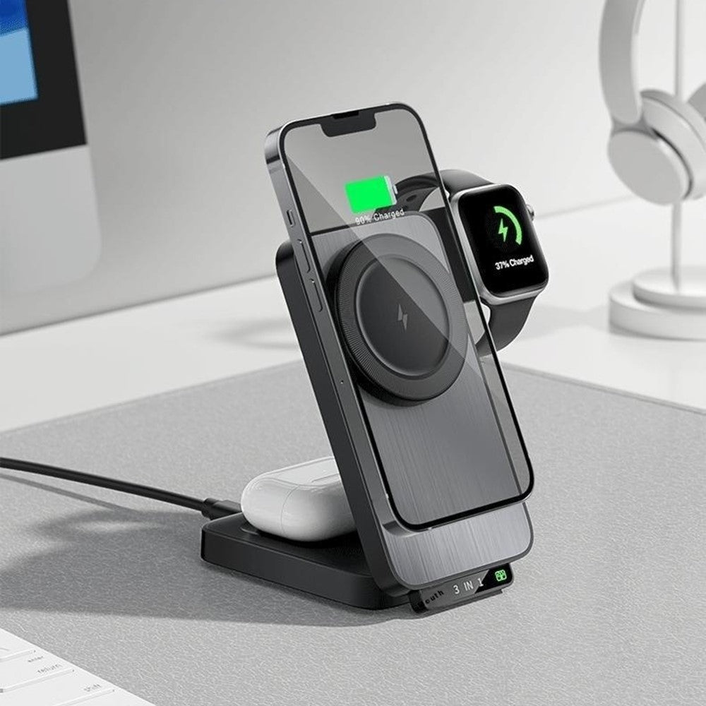 3-in-1 Foldable Magnetic Wireless Charger with Night Light – Phone, Earbuds & Watch