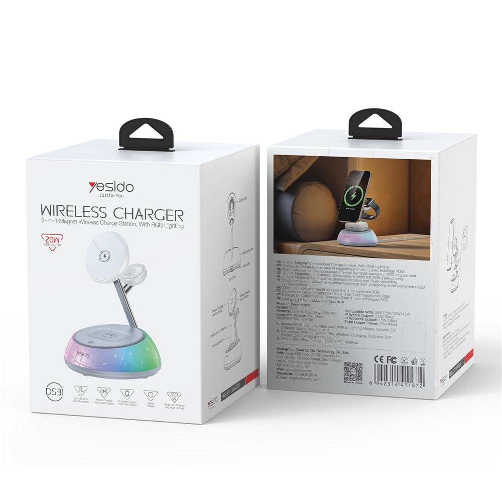 YESIDO DS31 3-in-1 Magnetic Wireless Charging Station with Night Light