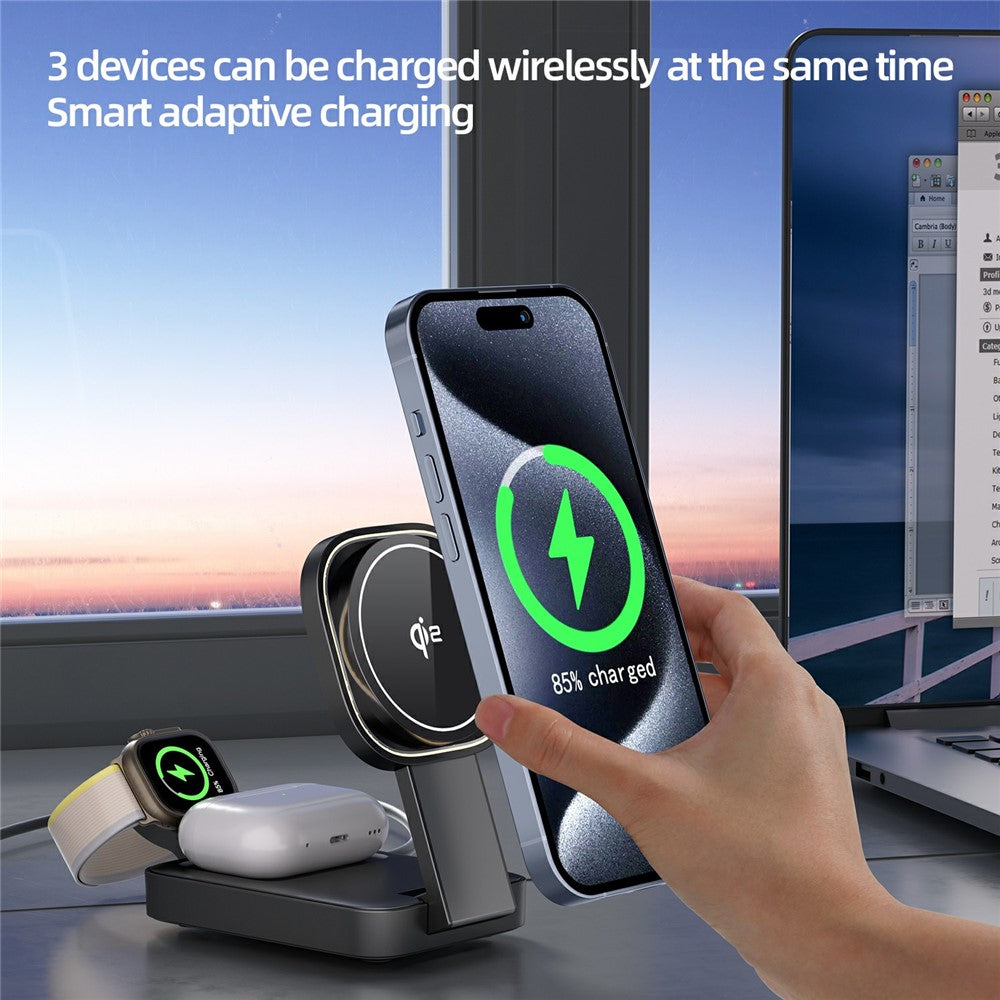 3-in-1 Qi2 Foldable Wireless Charger with Warm LED Light – for iPhone, Watch & AirPods