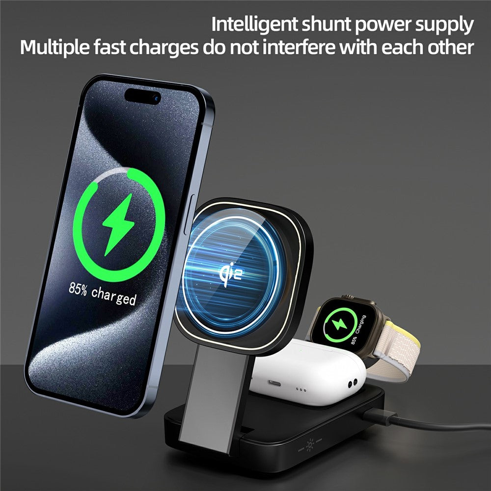 3-in-1 Qi2 Foldable Wireless Charger with Warm LED Light – for iPhone, Watch & AirPods
