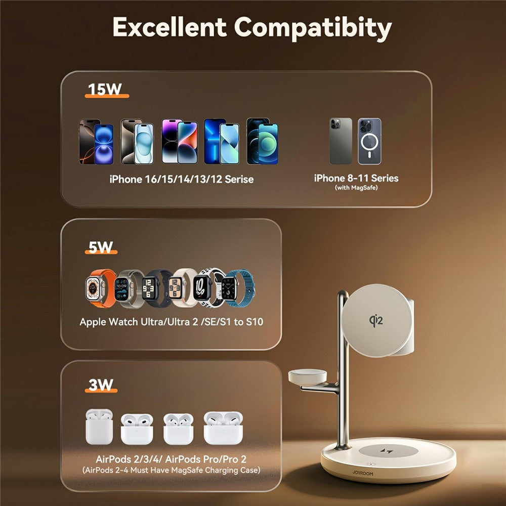 JOYROOM JR-W23 Qi2 4 in 1 Wireless Charger with Night Light Phone Watch Earbuds Charging Stand