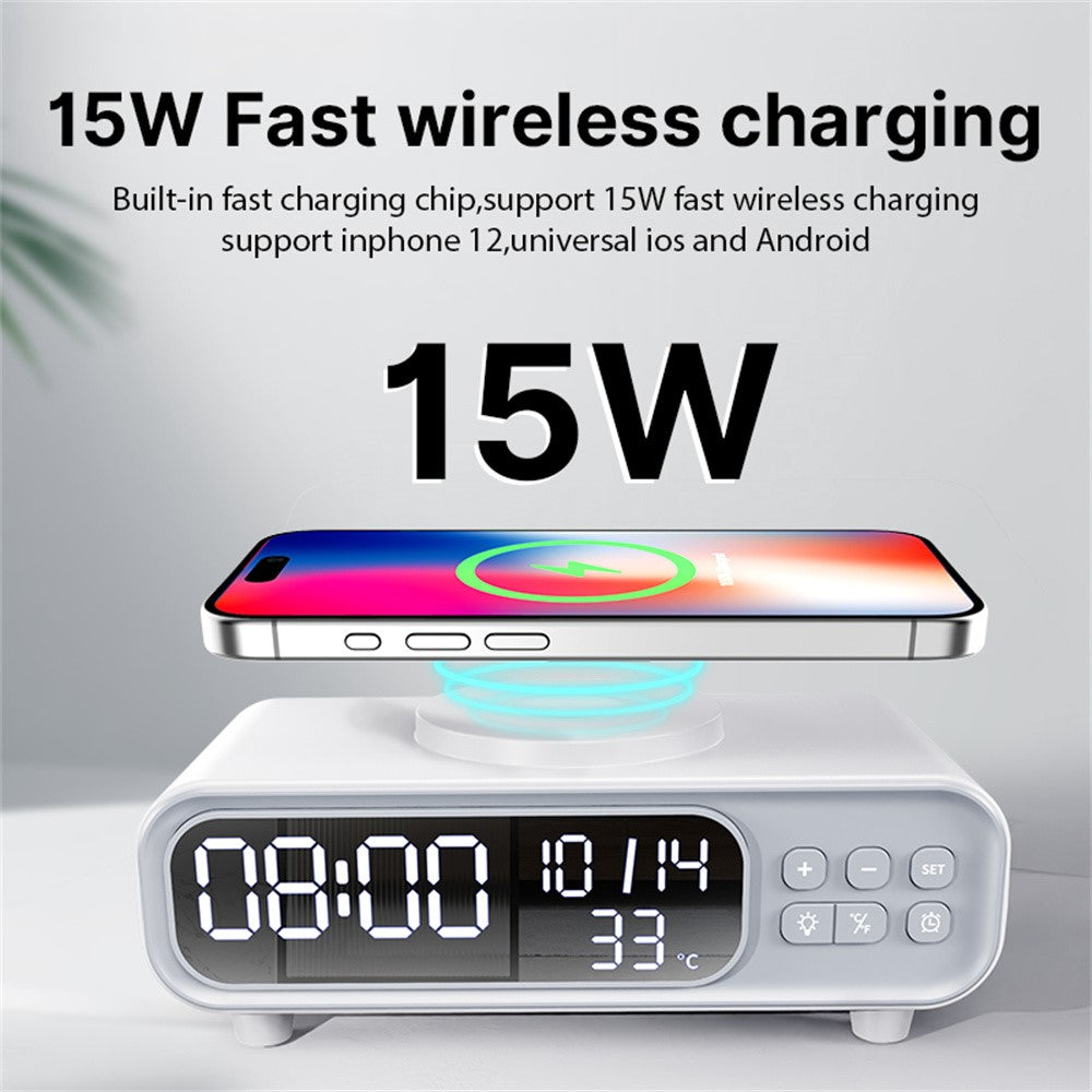 5-in-1 Wireless Charging Station with Alarm Clock, Calendar & Temperature Display