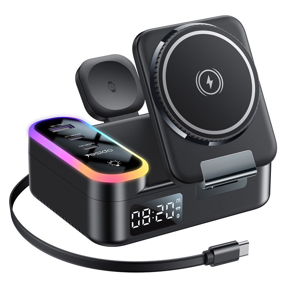 YESIDO DS38 65W Wireless Charging Station – Digital Clock, Retractable USB-C Cable