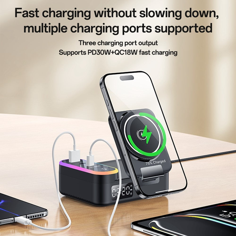YESIDO DS38 65W Wireless Charging Station – Digital Clock, Retractable USB-C Cable