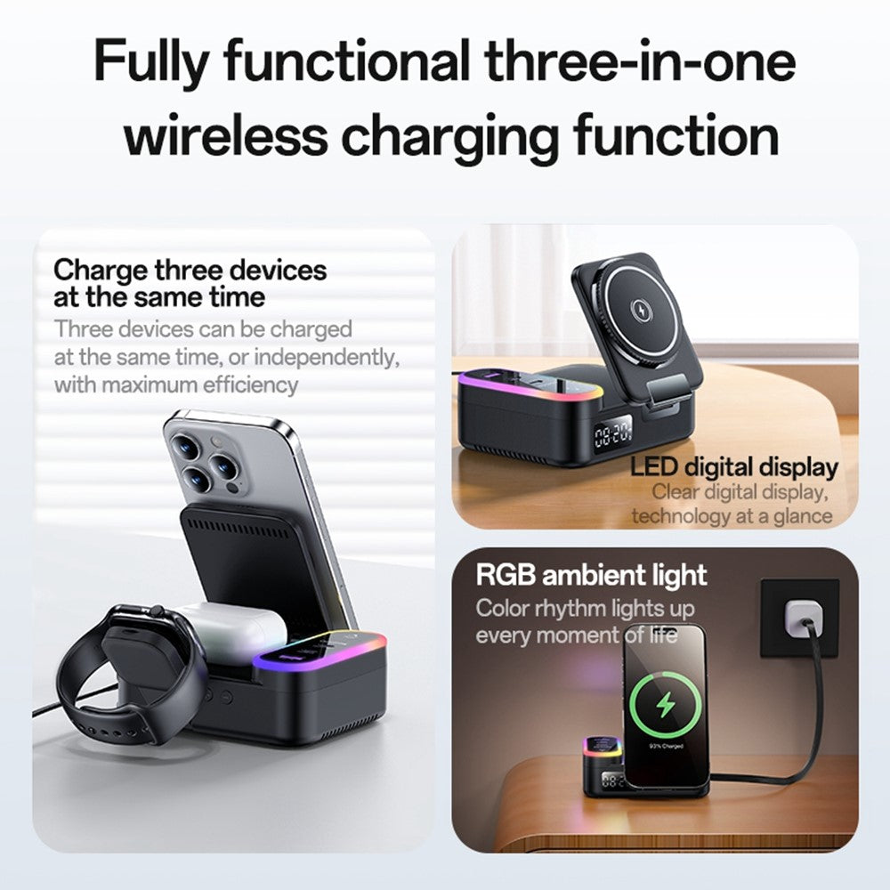 YESIDO DS38 65W Wireless Charging Station – Digital Clock, Retractable USB-C Cable