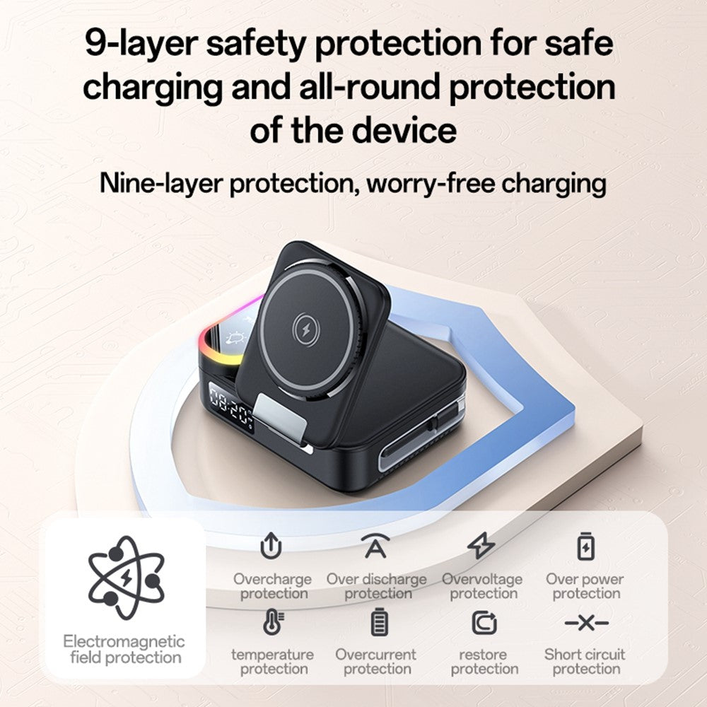 YESIDO DS38 65W Wireless Charging Station – Digital Clock, Retractable USB-C Cable