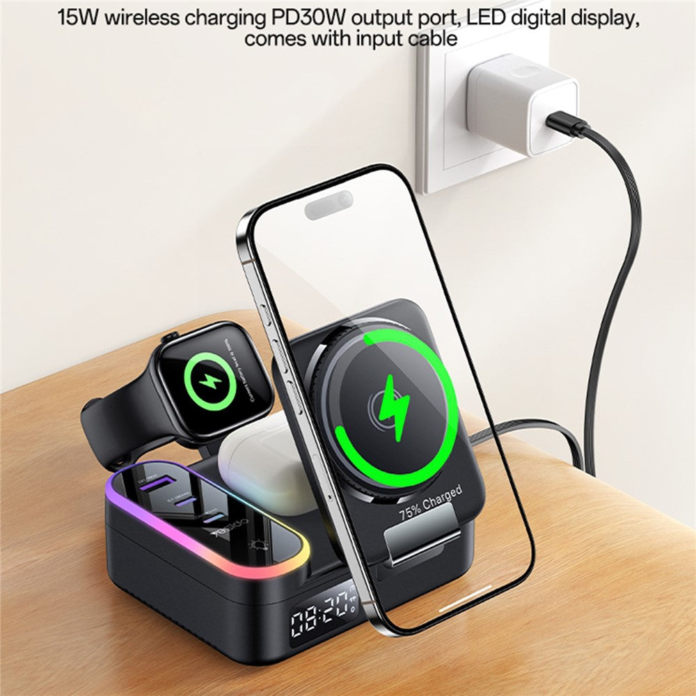 YESIDO DS38 65W Wireless Charging Station – Digital Clock, Retractable USB-C Cable