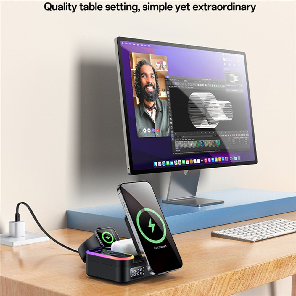 YESIDO DS38 65W Wireless Charging Station – Digital Clock, Retractable USB-C Cable