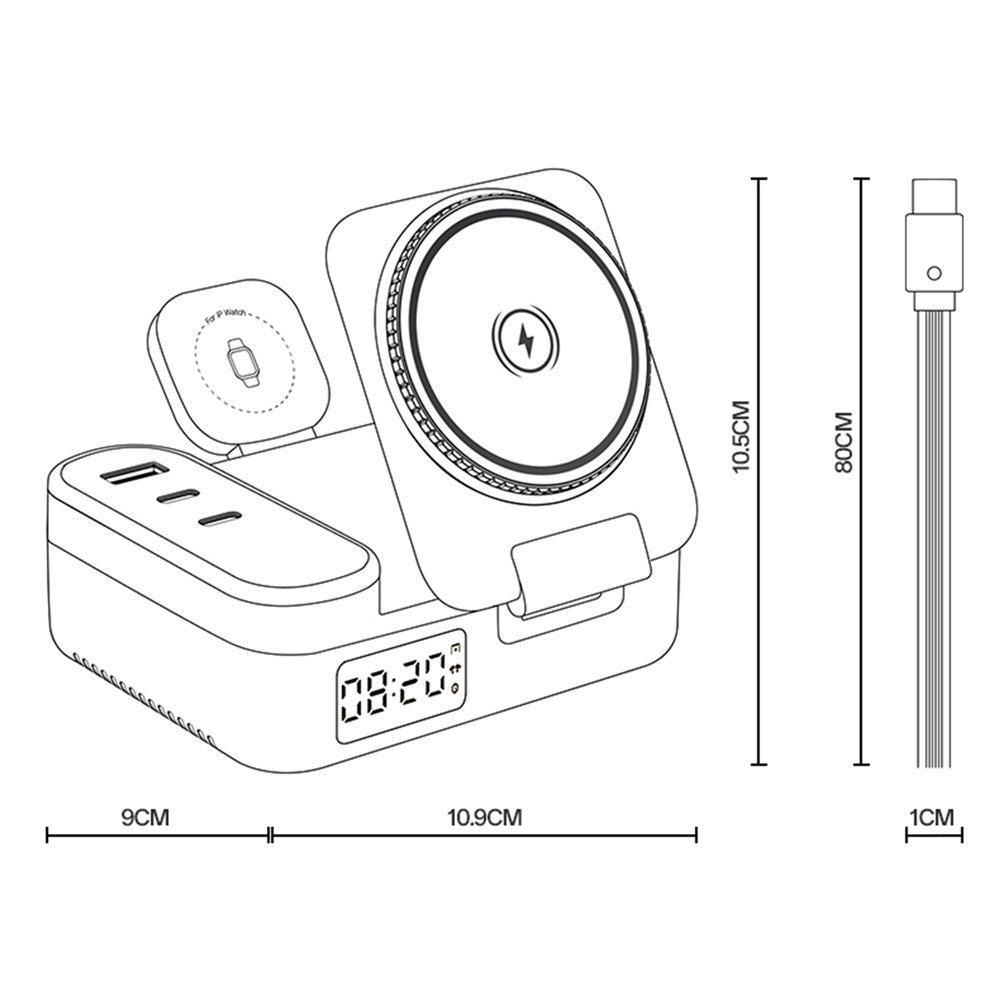 YESIDO DS38 65W Wireless Charging Station – Digital Clock, Retractable USB-C Cable