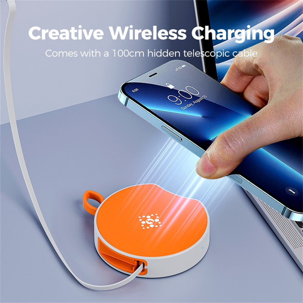 Portable Wireless Charger with Retractable USB-C Cable – 15W Fast Charging