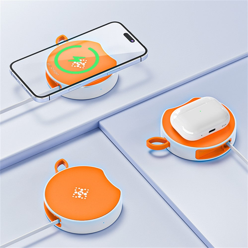 Portable Wireless Charger with Retractable USB-C Cable – 15W Fast Charging