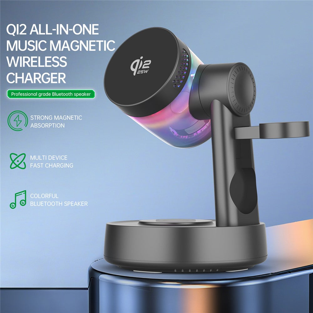 Magnetic Wireless Charging Station with Bluetooth Speaker – 25W Fast Charging