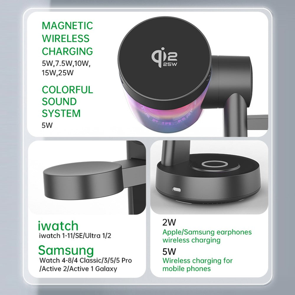 Magnetic Wireless Charging Station with Bluetooth Speaker – 25W Fast Charging