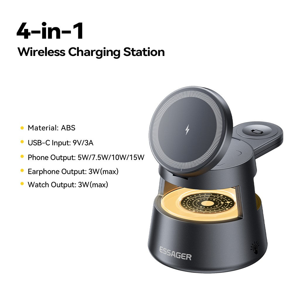 ESSAGER 4-in-1 Magnetic Desktop Wireless Charger – 15W Fast Charging Stand