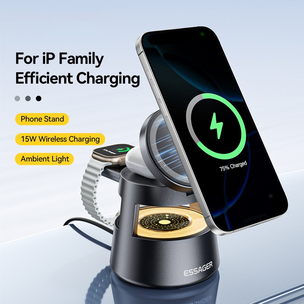 ESSAGER 4-in-1 Magnetic Desktop Wireless Charger – 15W Fast Charging Stand
