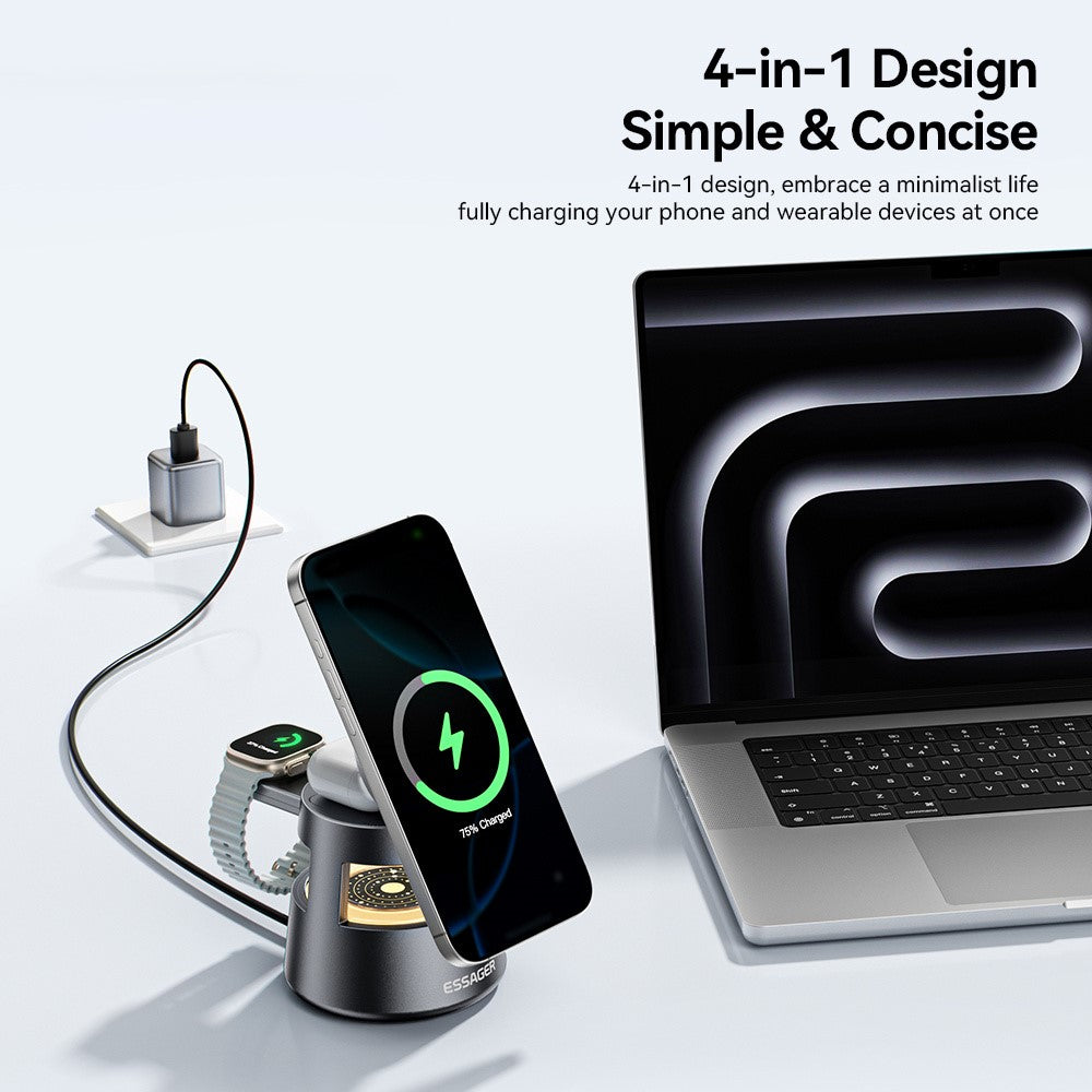 ESSAGER 4-in-1 Magnetic Desktop Wireless Charger – 15W Fast Charging Stand