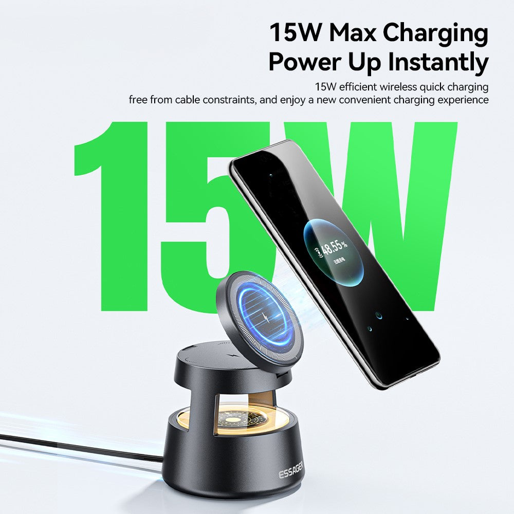 ESSAGER 4-in-1 Magnetic Desktop Wireless Charger – 15W Fast Charging Stand
