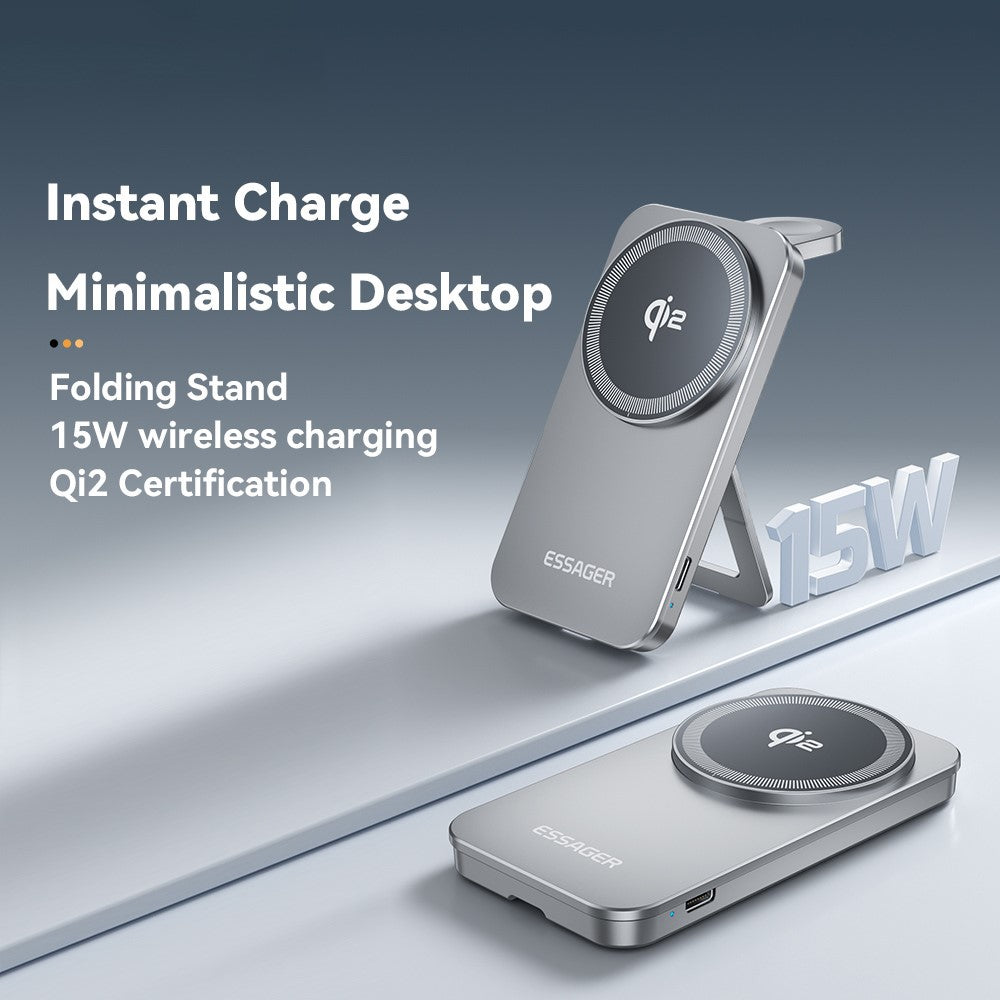 ESSAGER 2-in-1 Foldable Wireless Charger & Phone Stand – 15W Fast Charging