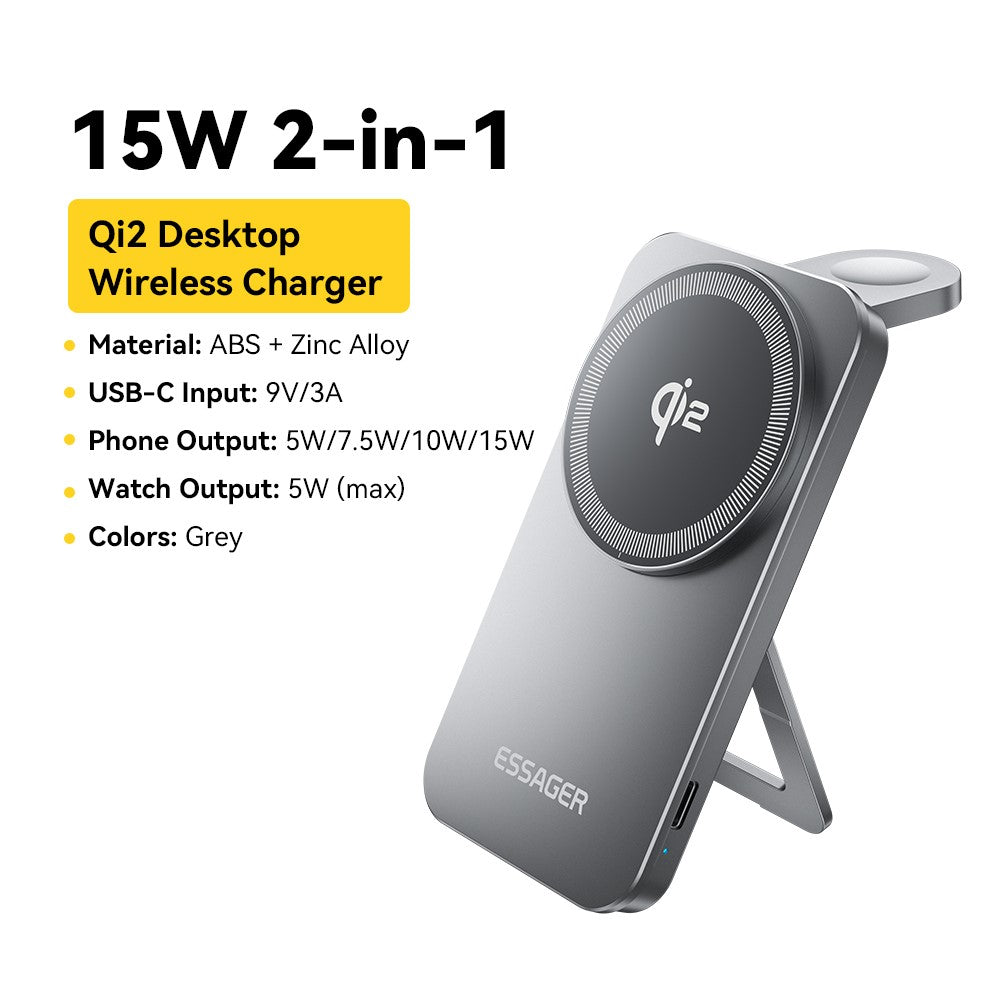 ESSAGER 2-in-1 Foldable Wireless Charger & Phone Stand – 15W Fast Charging