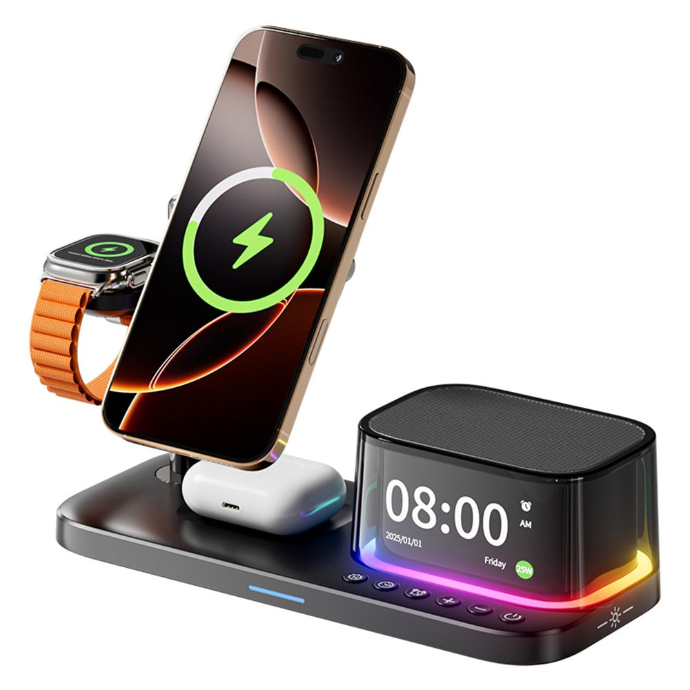 5-in-1 Magnetic Wireless Charger with Bluetooth Speaker, Alarm Clock & Night Light – 25W