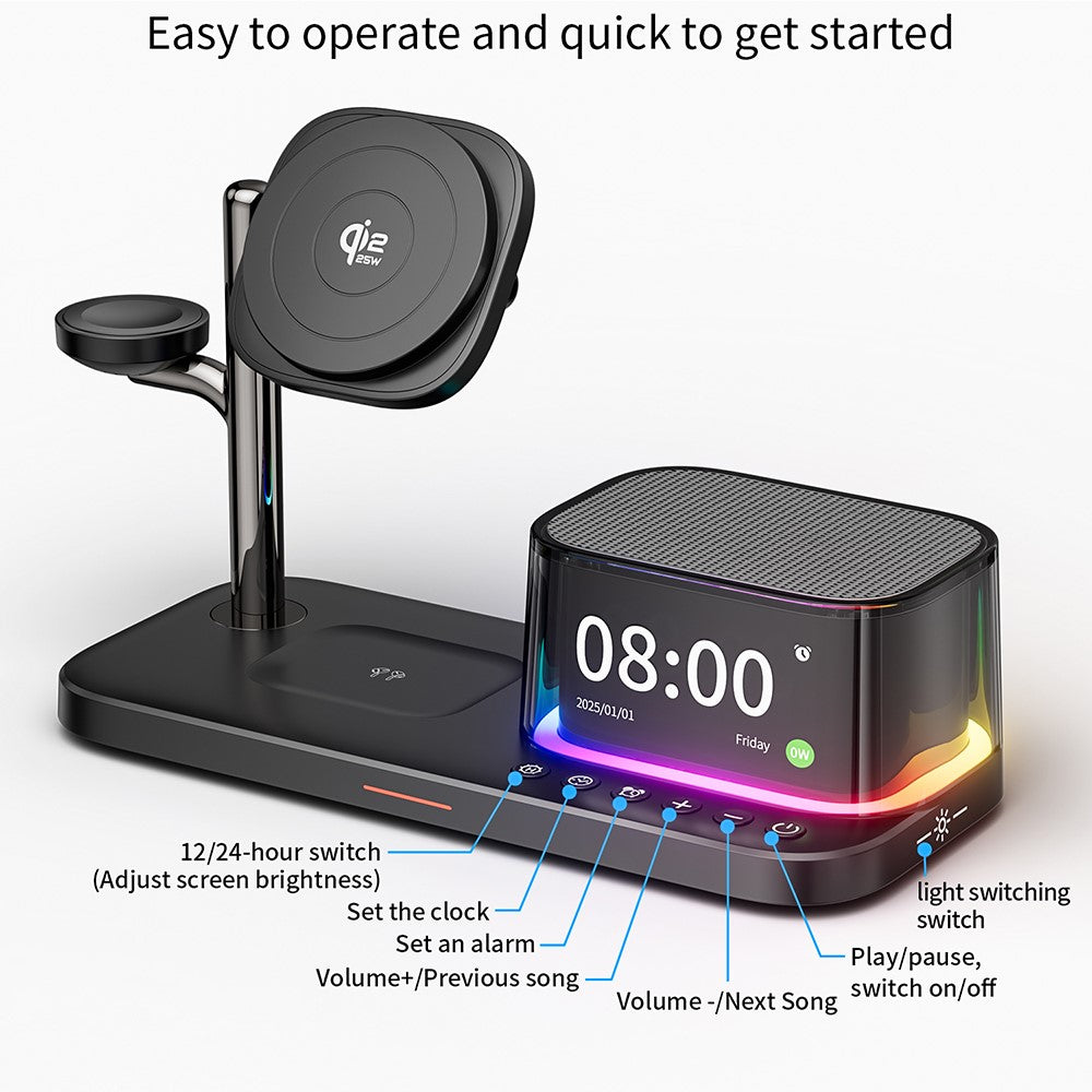 5-in-1 Magnetic Wireless Charger with Bluetooth Speaker, Alarm Clock & Night Light – 25W