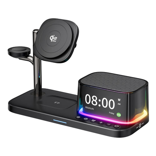 5-in-1 Magnetic Wireless Charger with Bluetooth Speaker, Alarm Clock & Night Light – 25W