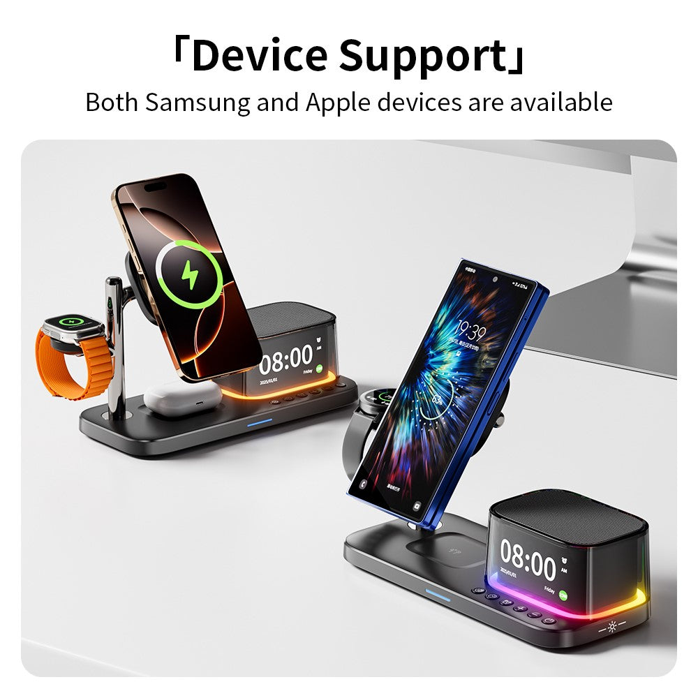 5-in-1 Magnetic Wireless Charger with Bluetooth Speaker, Alarm Clock & Night Light – 25W