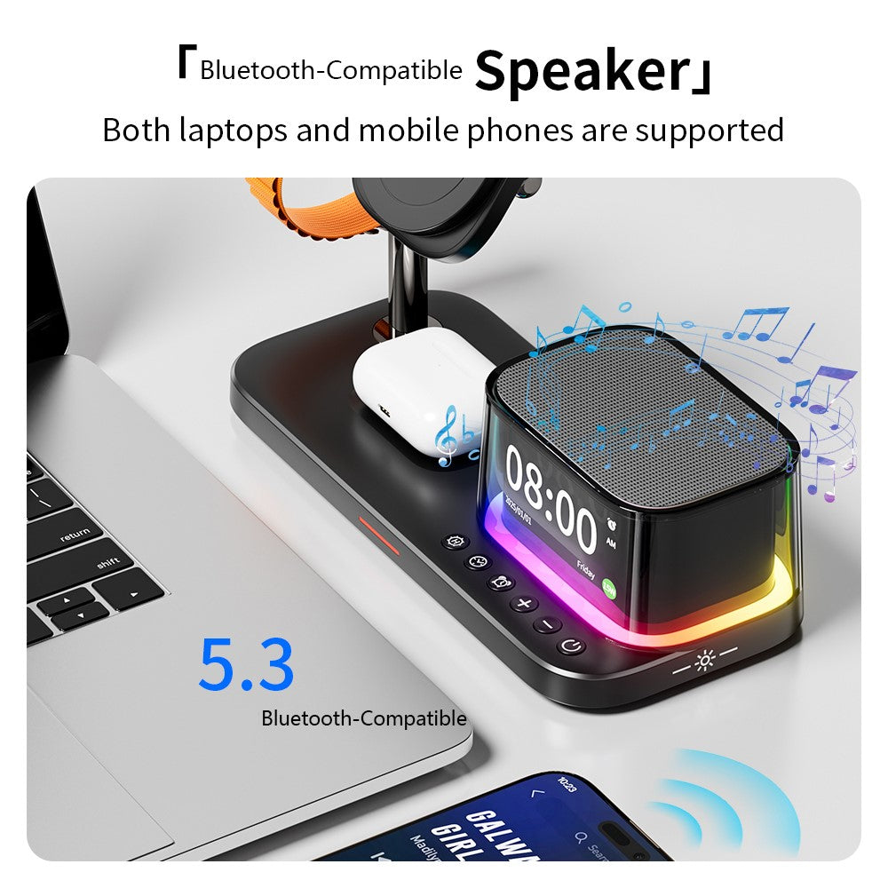 5-in-1 Magnetic Wireless Charger with Bluetooth Speaker, Alarm Clock & Night Light – 25W