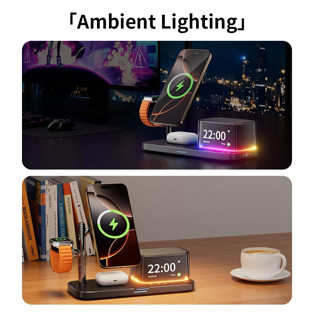 5-in-1 Magnetic Wireless Charger with Bluetooth Speaker, Alarm Clock & Night Light – 25W