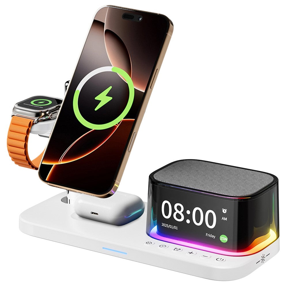 5-in-1 Magnetic Wireless Charger with Bluetooth Speaker, Alarm Clock & Night Light – 25W