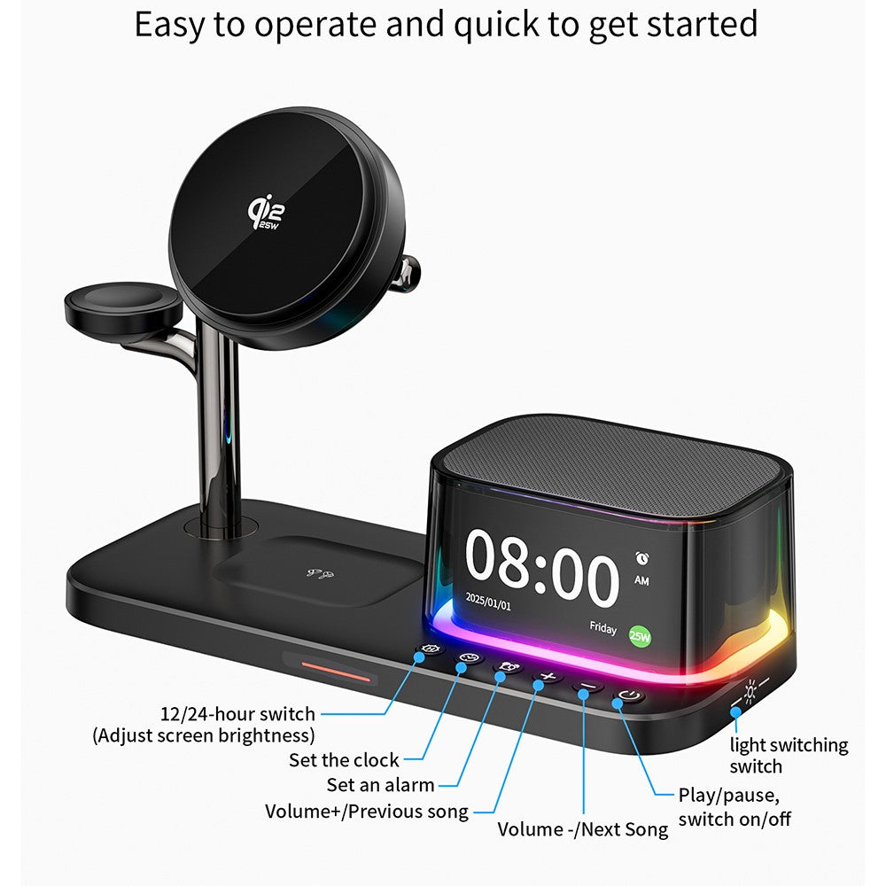 6-in-1 Magnetic Wireless Charger with Bluetooth Speaker & Cooling Stand – 25W Fast Charging