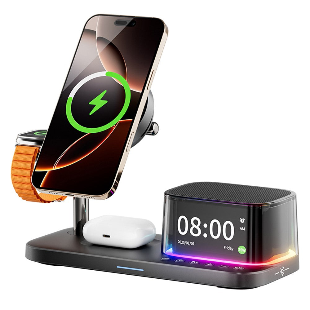 6-in-1 Magnetic Wireless Charger with Bluetooth Speaker & Cooling Stand – 25W Fast Charging