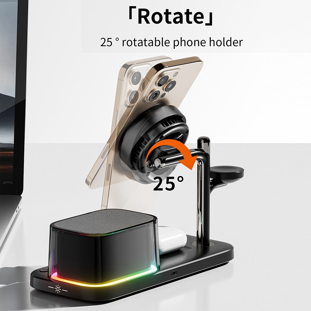 6-in-1 Magnetic Wireless Charger with Bluetooth Speaker & Cooling Stand – 25W Fast Charging