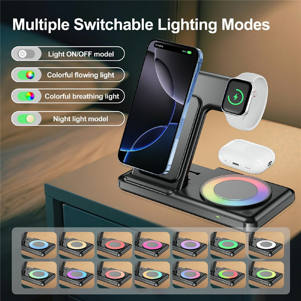 4-in-1 Foldable Wireless Charger Dock with RGB Ambient Light – Phone, Watch & AirPods