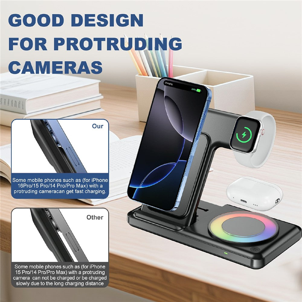 4-in-1 Foldable Wireless Charger Dock with RGB Ambient Light – Phone, Watch & AirPods