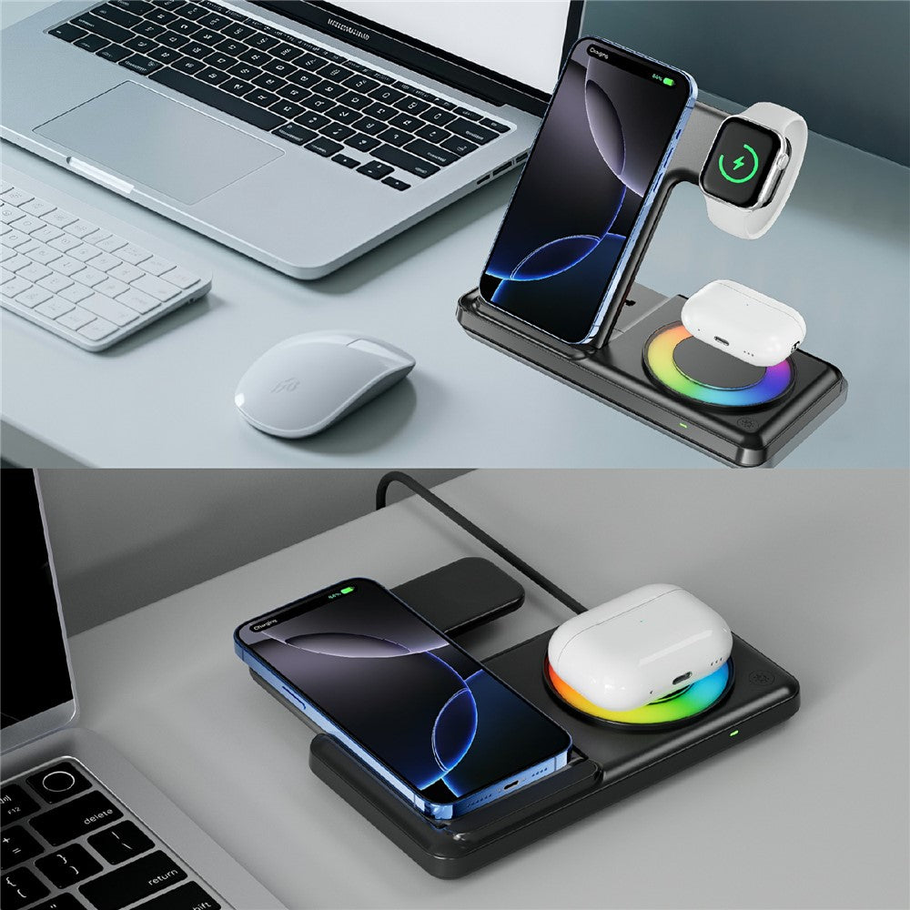 4-in-1 Foldable Wireless Charger Dock with RGB Ambient Light – Phone, Watch & AirPods