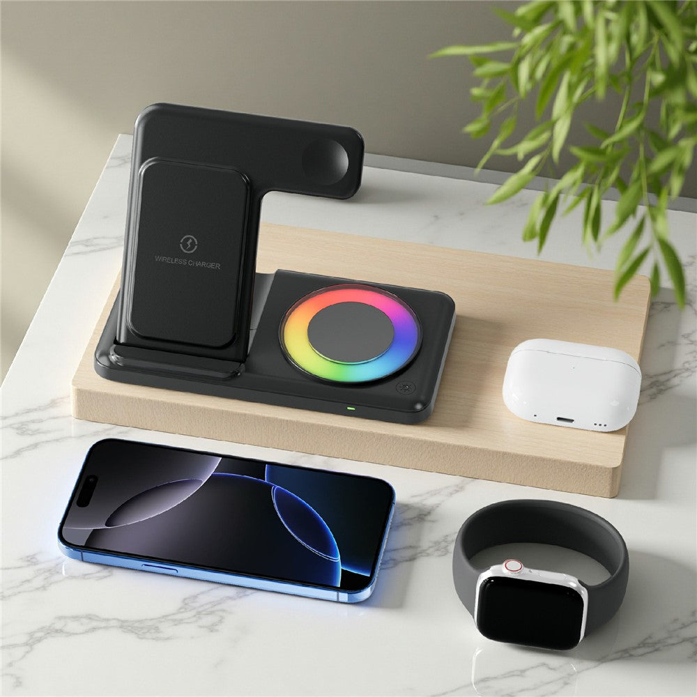 4-in-1 Foldable Wireless Charger Dock with RGB Ambient Light – Phone, Watch & AirPods