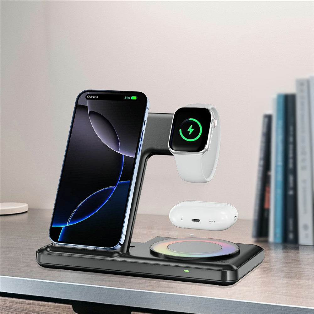 4-in-1 Foldable Wireless Charger Dock with RGB Ambient Light – Phone, Watch & AirPods