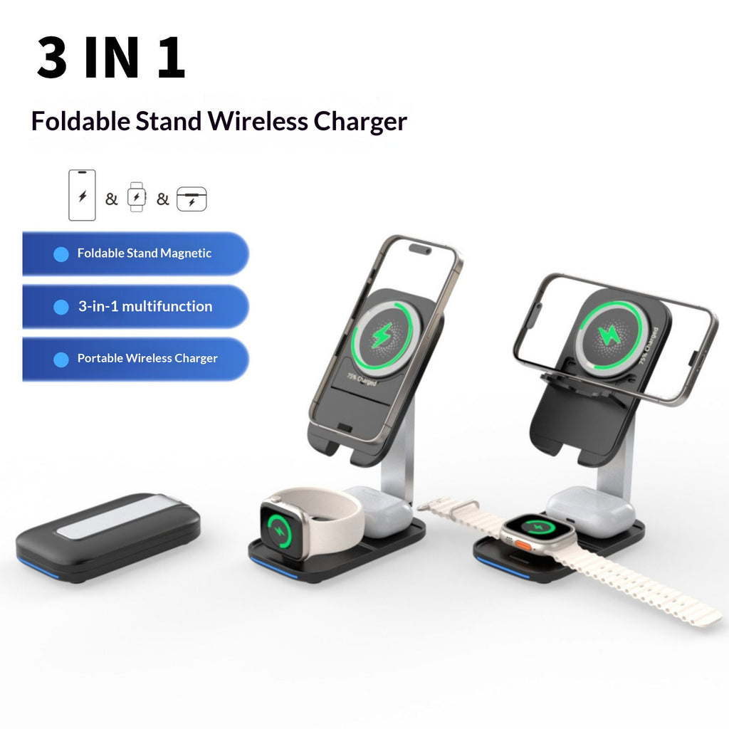 3-in-1 Foldable Magnetic Wireless Charging Stand – Phone, Smart Watch & Earbuds