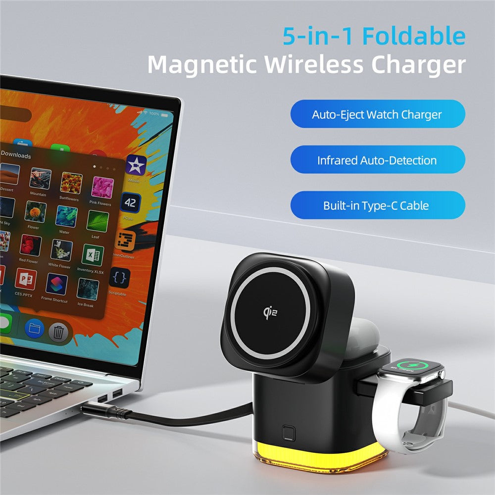 5-in-1 Qi2 Foldable Wireless Charger with Retractable Cable & LED Night Light